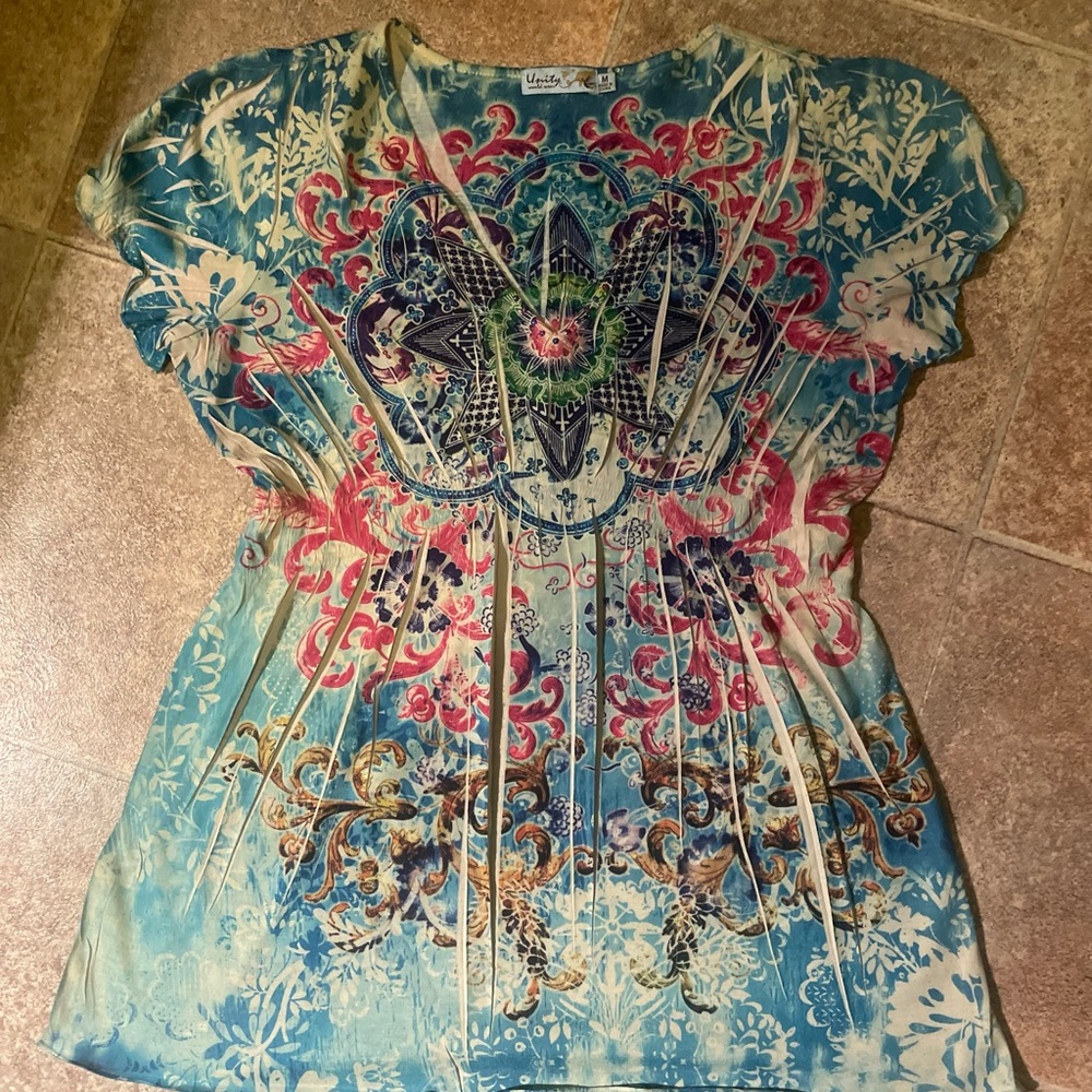 Unity World Wear Graphic Blue and Red Cap Sleeve Blouse